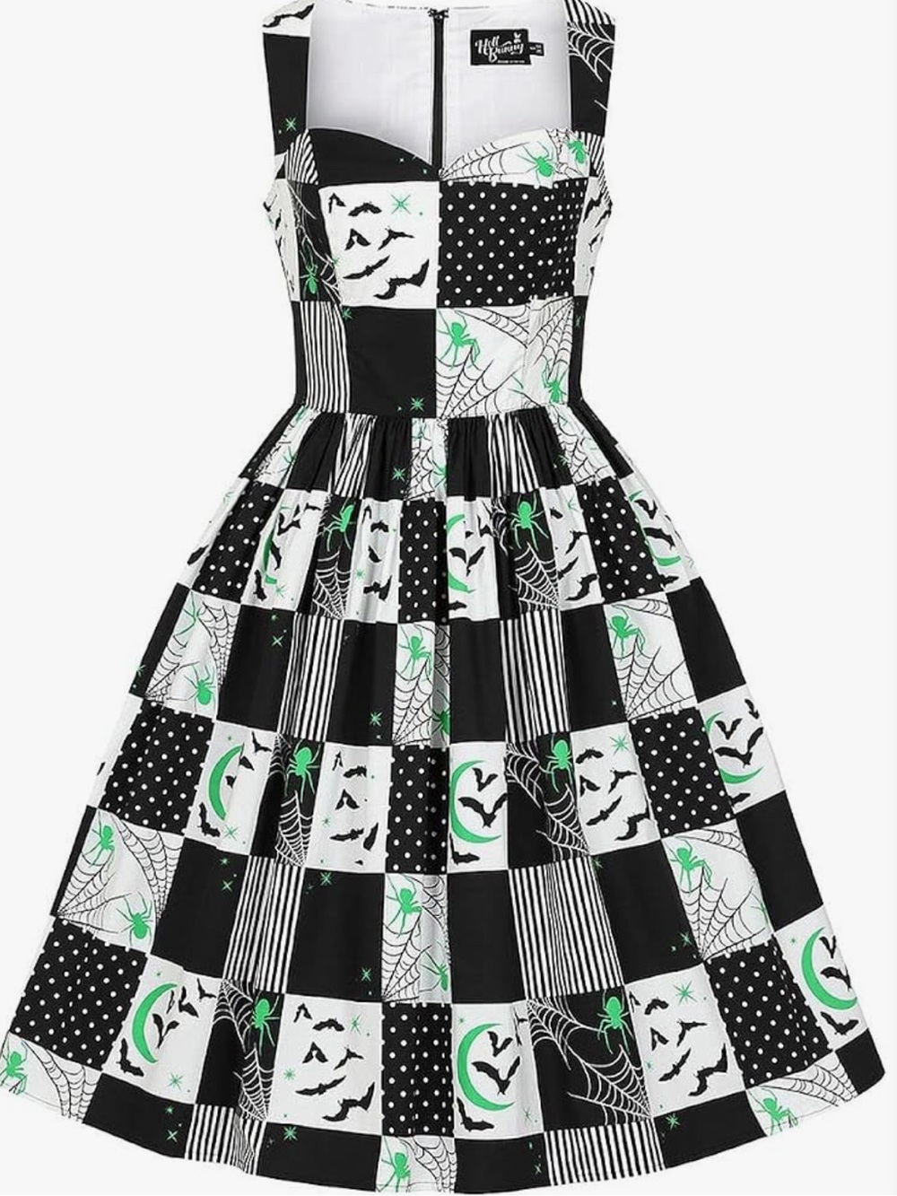 Hell Bunny Halloween Fit and Flare Dress Patchwork Spiderweb and Bat Print